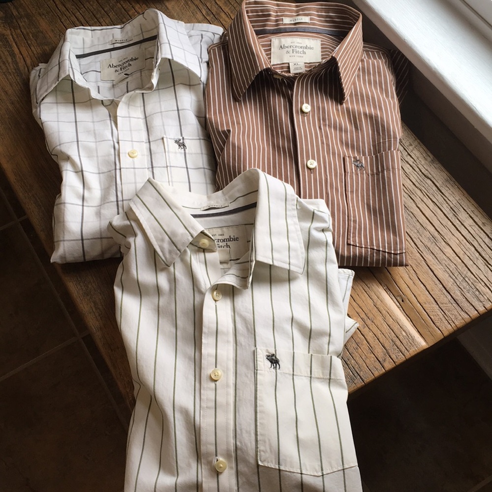 Abercrombie & Fitch Men's Striped Button-Down Shirt - Cream with Green Stripes